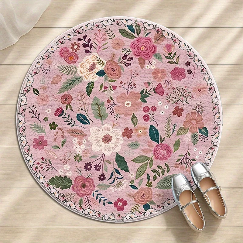 2D Flat,Bohemian Watercolor Floral Round Rug – Pink Garden Blossom Round Mat – Aesthetic Home Decor for Bedroom and Living Room