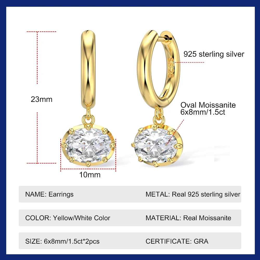 1.5CT Oval Cut Moissanite Drop Earrings S925 Sterling Silver Bezel Set Solitaire Moissanite Dangle Earrings for Women Jewelry
