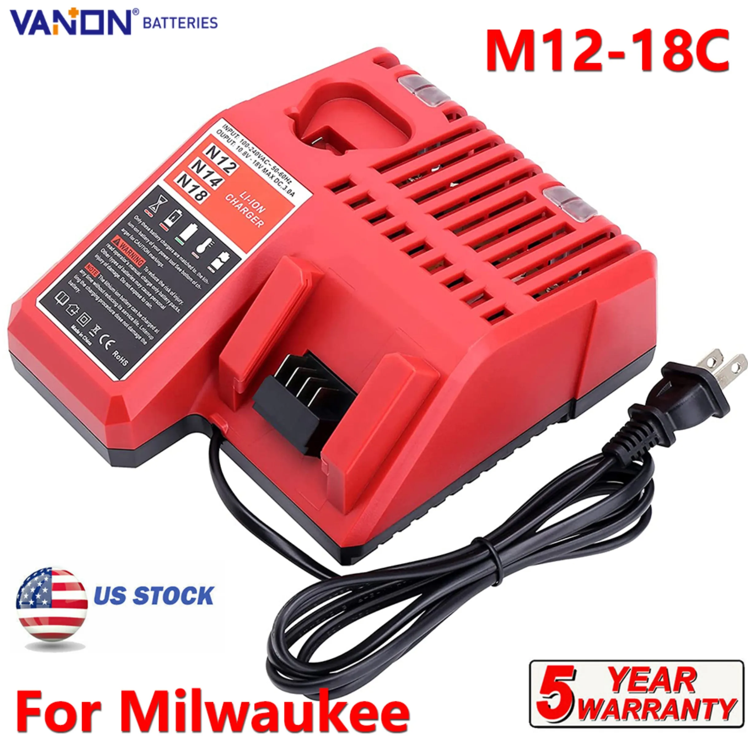 

M12-18C Lithium-Ion Battery Charger Replace for Milwaukee M12 M18 XC- Fast Charging, Red, 110V-240V, US Plug
