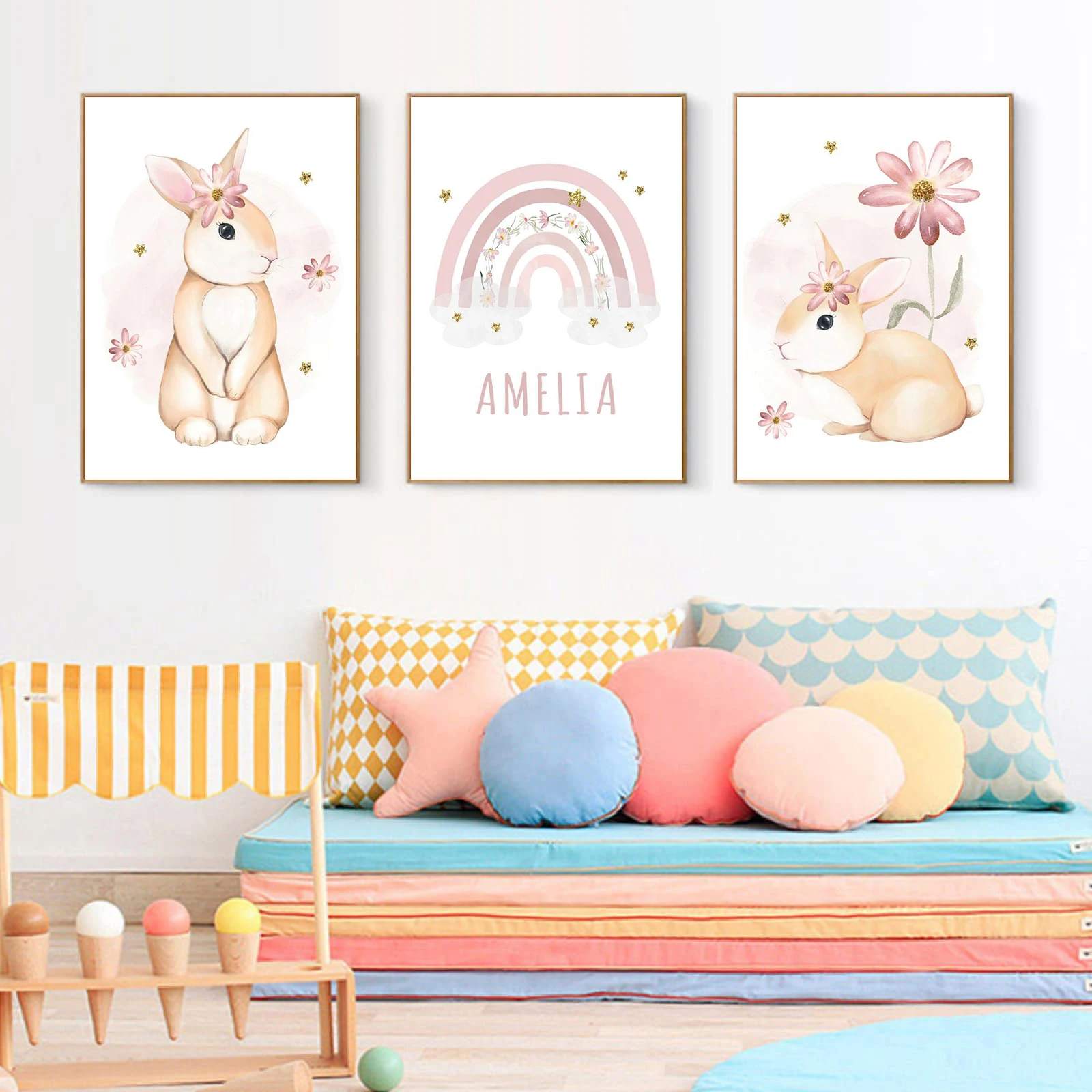 3pcs/set Cute Watercolor Rabbit Rainbow Flowers Nursery Wall Art Canvas Painting Cartoon Posters Baby Kids Room Decor