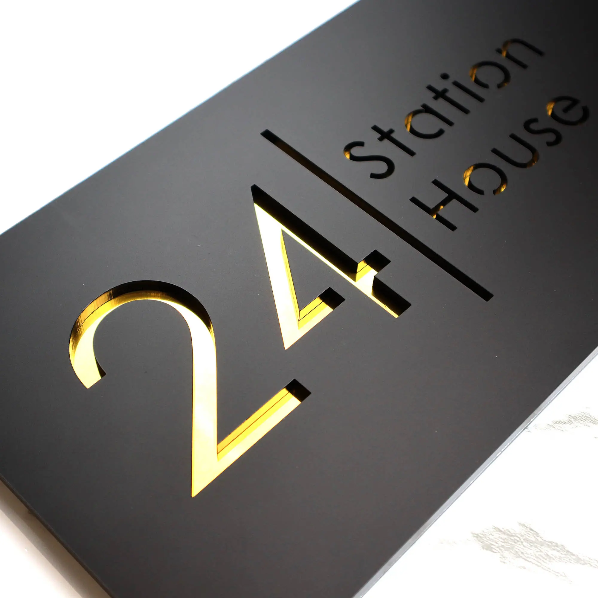 

Custom 3D Laser Cut Matt Dark Black Copper Mirror Floating Acrylic House Sign Door Numbers Plaque 300mm x 160mm