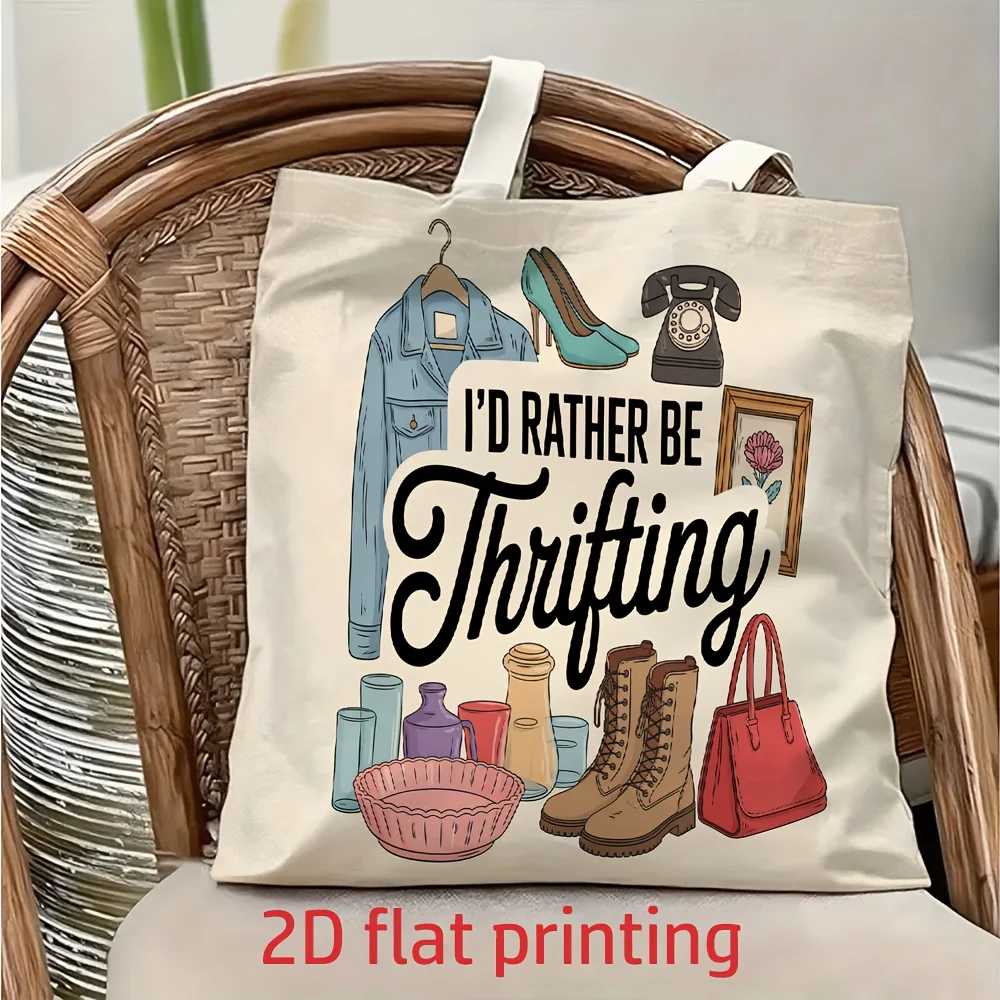 

1 шт. холщовая сумка через плечо в винтажном стиле с надписью «I'D Rather Be Thrifting», легкая складная сумка-тоут с фиксированным плечевым ремнем, многоразовая сумка для покупок, идеальный подарок для поездок на работу, путешествий, шопинга, школы и пра