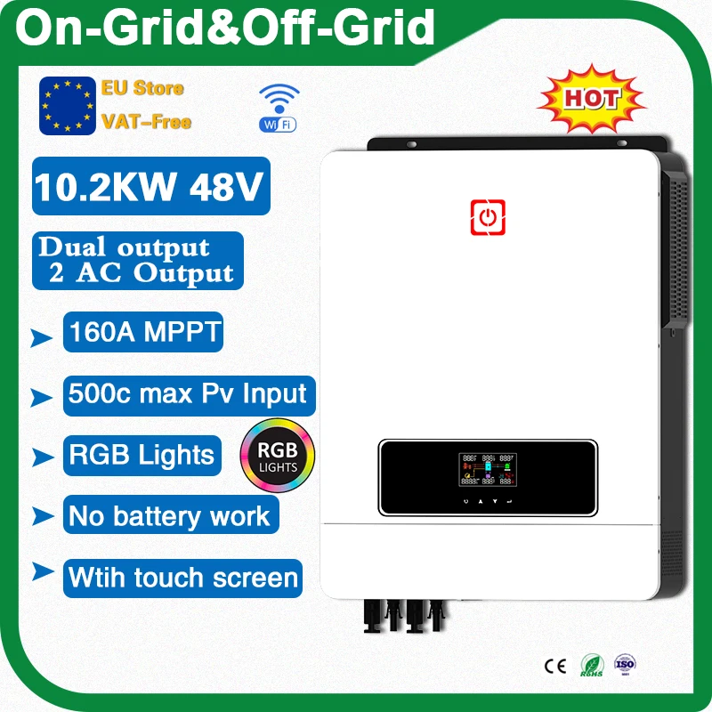 Hybrid Solar Inverter 10.2KW 48V Grid Tie Inverter with 2 MPPTs 160A Converter pure sine wave inversor on grid,BMS,WIFI