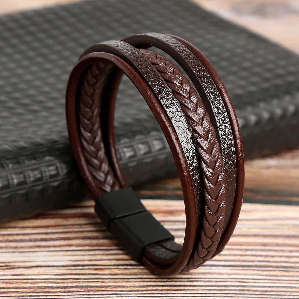 Vintage Men\'S Multi-Layered Leather Stainless Steel Alloy Clasp Bracelet-Boy Gift