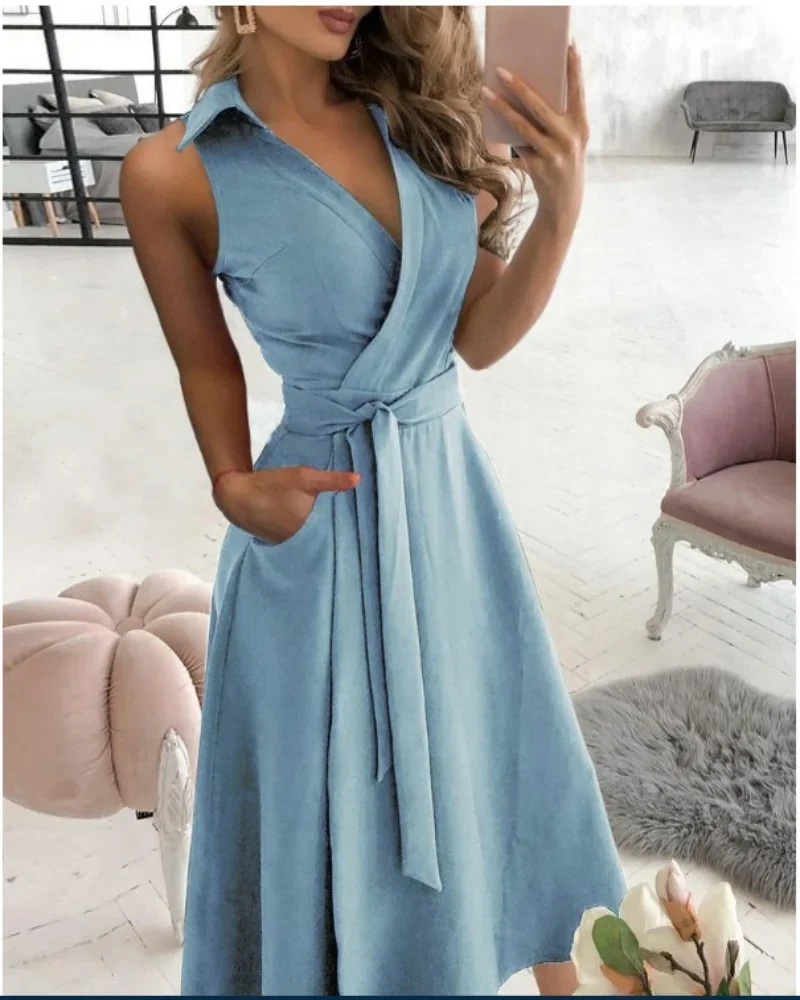 2023 Zomer Retro Lange Rok Casual Gekruiste V-Hals Feestjurk Met Korte Mouwen En Polka Dot Print Vrouwelijke Bohemien Strandjurk - afbeelding 2