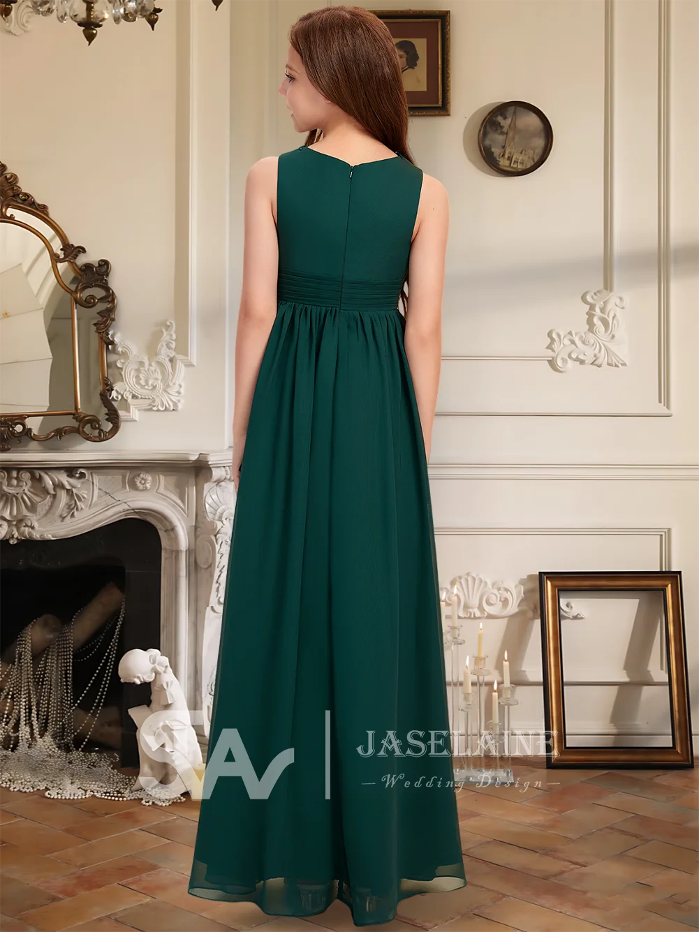 Dark Green Elegant A-Line Scoop Asymmetrical Chiffon Lace Junior Bridesmaid Dress Flower Girl Dress Girls Party Wedding Formal