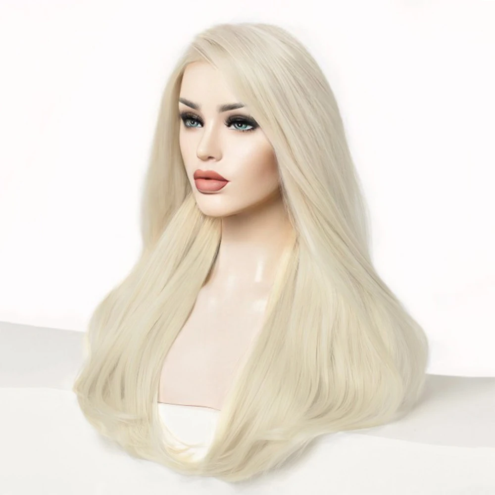 Perruque Lace Front Wig synthétique lisse naturelle 28 pouces, blonde Ice Cream, perruque à raie au milieu en fibre résistante à la chaleur, 10% cheveux humains mélangés