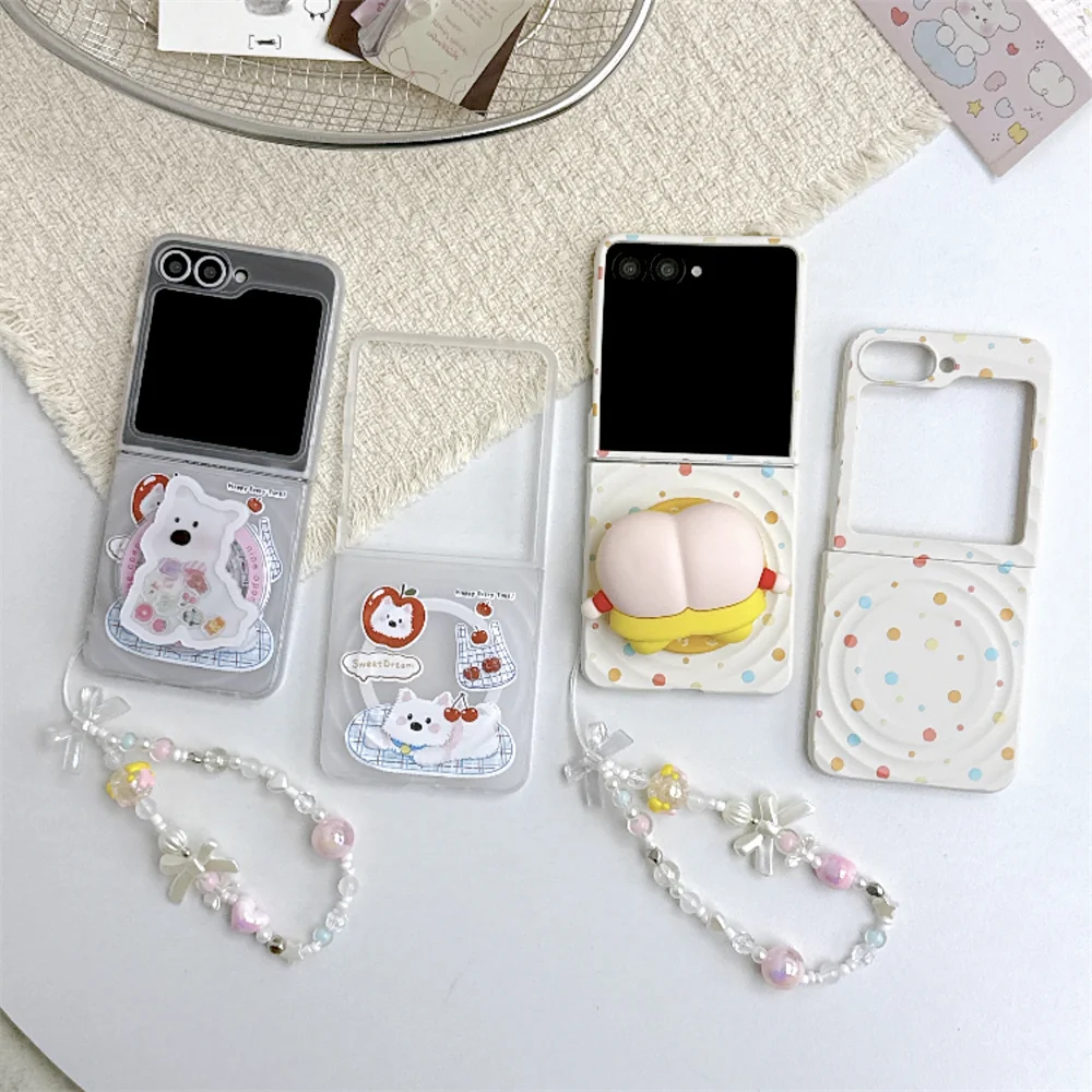 Ins Polka Dots Magnetic Phone Case for Samsung Galaxy Z Flip6 5 Flip5 6 7fe Flip 7 Cover With Magsafe 3D Cartoon Stand Chain Cas