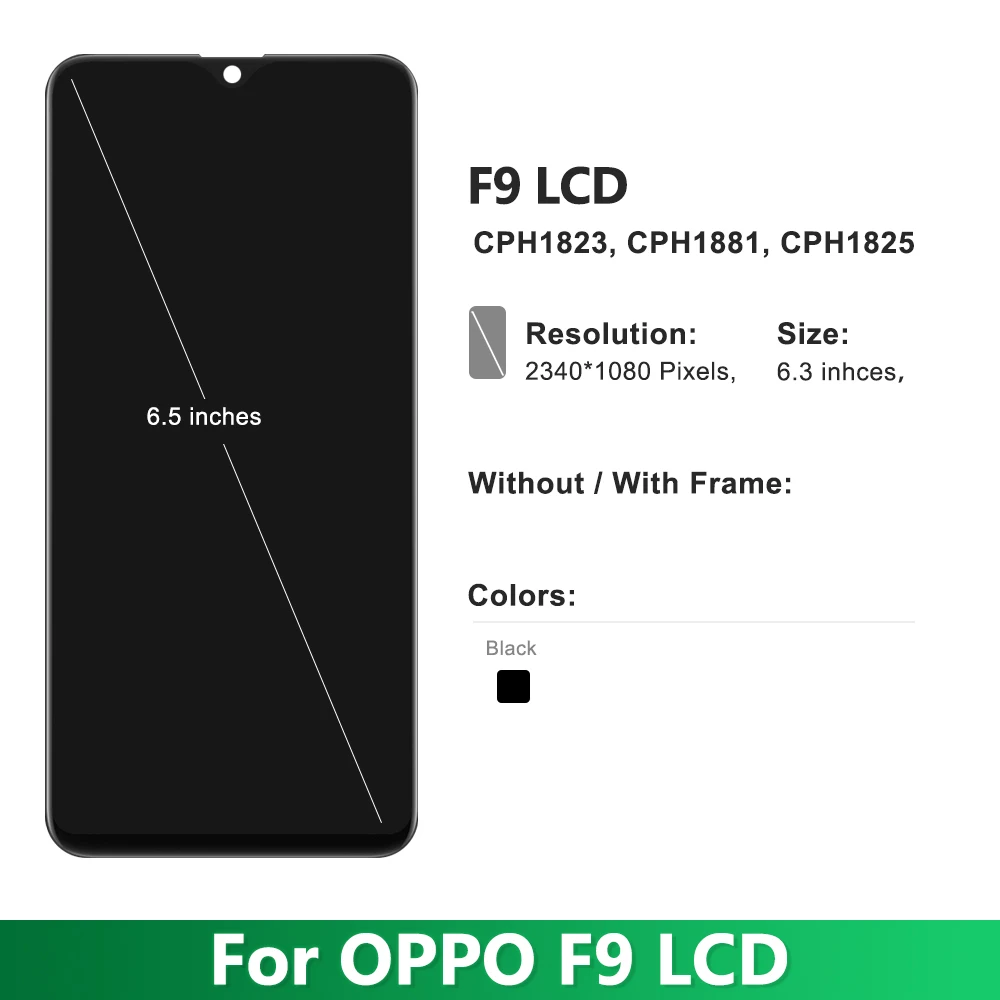 100% Tested For OPPO F9 LCD Display Screen Touch Digitizer With Frame Assembly For OPPO F9 Pro CPH1823 CPH1881 CPH1825 Screen