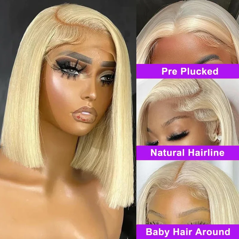 13x4 Straight Bob Wig Human Hair Lace Pre Plucked Bleached Knots Lace With Baby Hair  613 Blonde 200% Density Lace Front Wigs