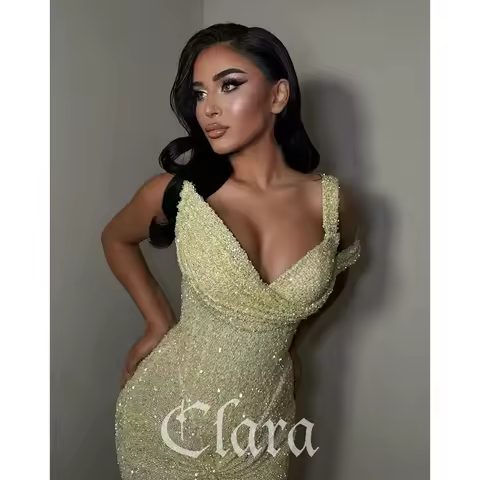 Clara Shiny Elegant Mermaid Prom Gowns Yellow One Shoulder Party Gown Floor Length Evening Dress فساتين سهرةCustomized