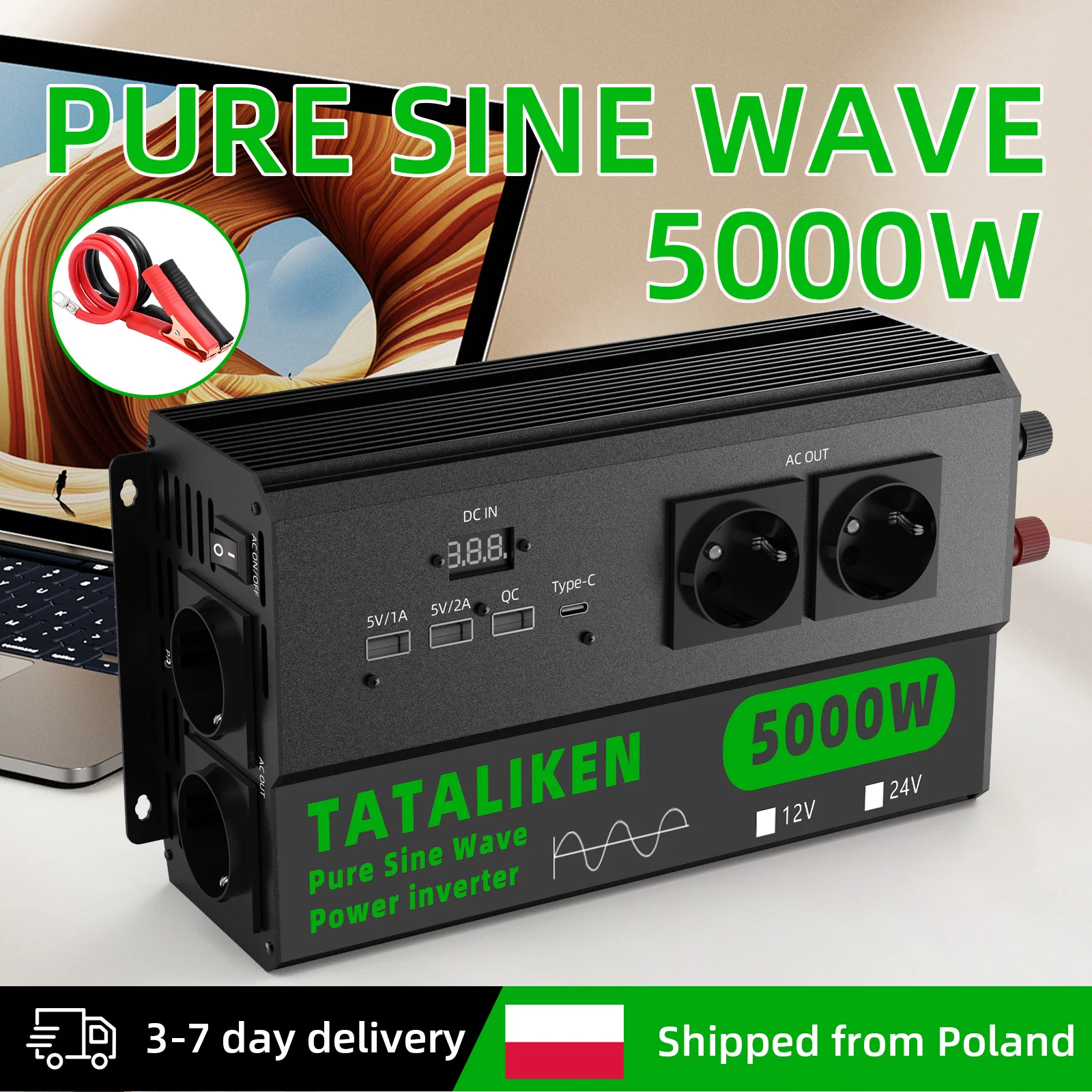 Inverter DC-AC da 4000W/5000W/6000W, da 12V a 220V 50Hz, con bobina in rame e ventola di raffreddamento silenziosa, prese standard europee, ricarica rapida USB per caravan, imbarcazioni e