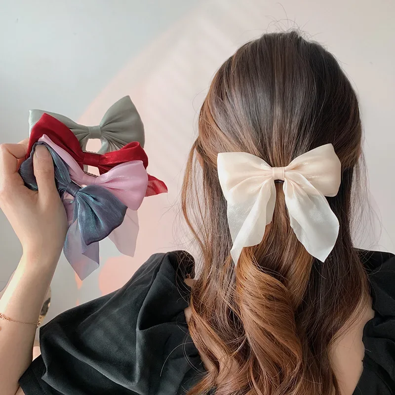 New Large Bows Hair Clip Solid Chiffon Hairpins for Girls Long Ribbon Hair Bow Kids Barrettes Children Fashion Hair Accessories — zdjęcie 2