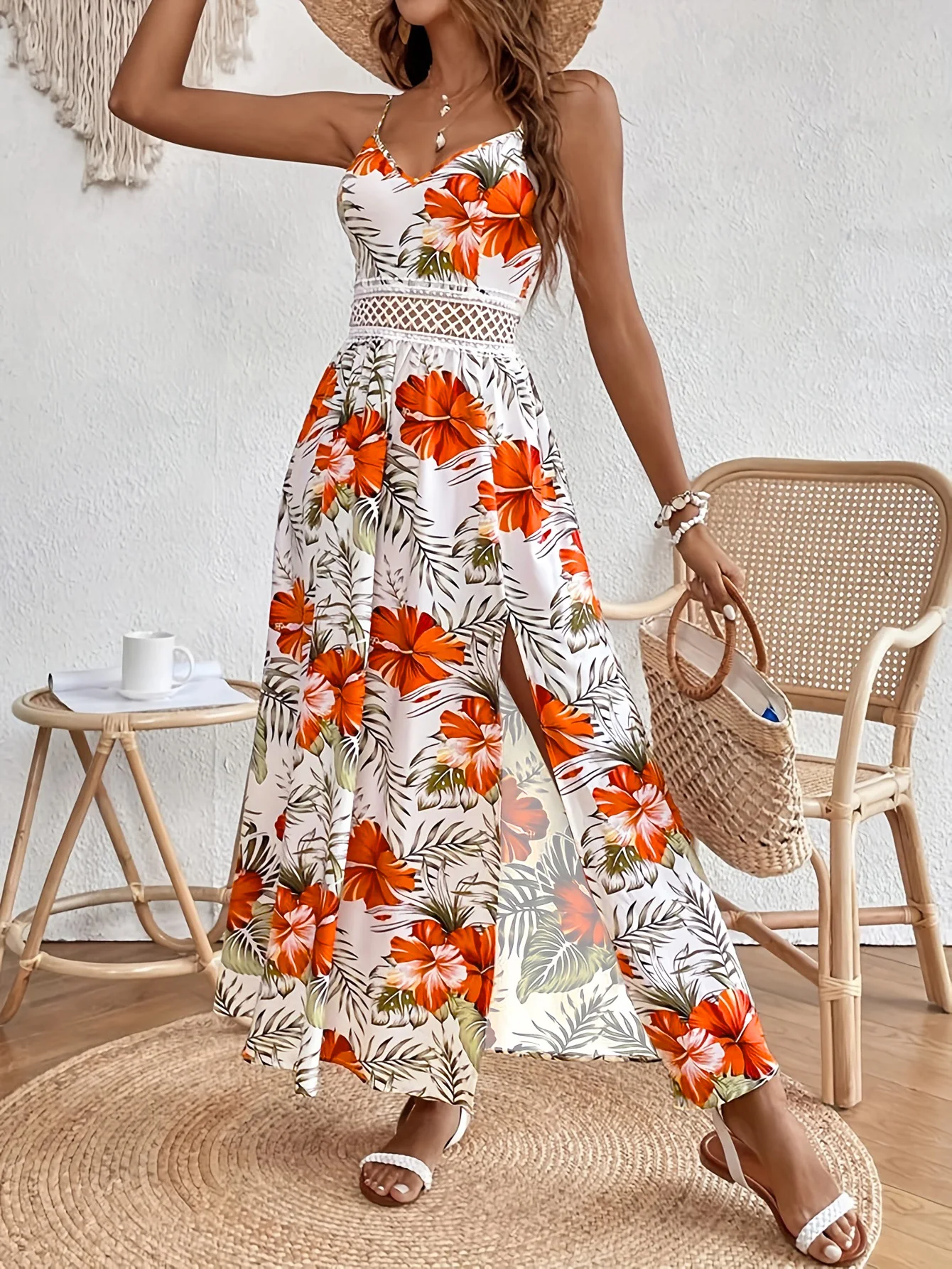 Women's Lace Patchwork Tropical Print Long Cami Dress, Elegant Slim-Fit Design, Perfect for Beach Vacation & Outing - Image 4