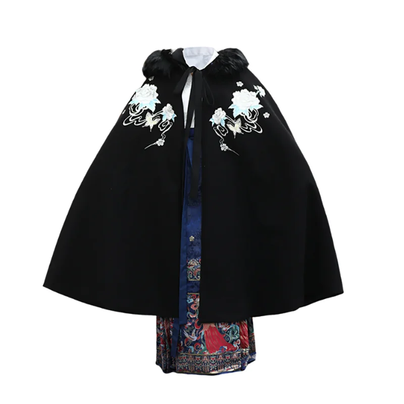 Winter Warme Dikke Hanfu Mantel Vrouwen Chinese Traditionele Borduren Zwarte Cape Mantel Cosplay Kostuum Meisjes Kerst Cape Kostuum