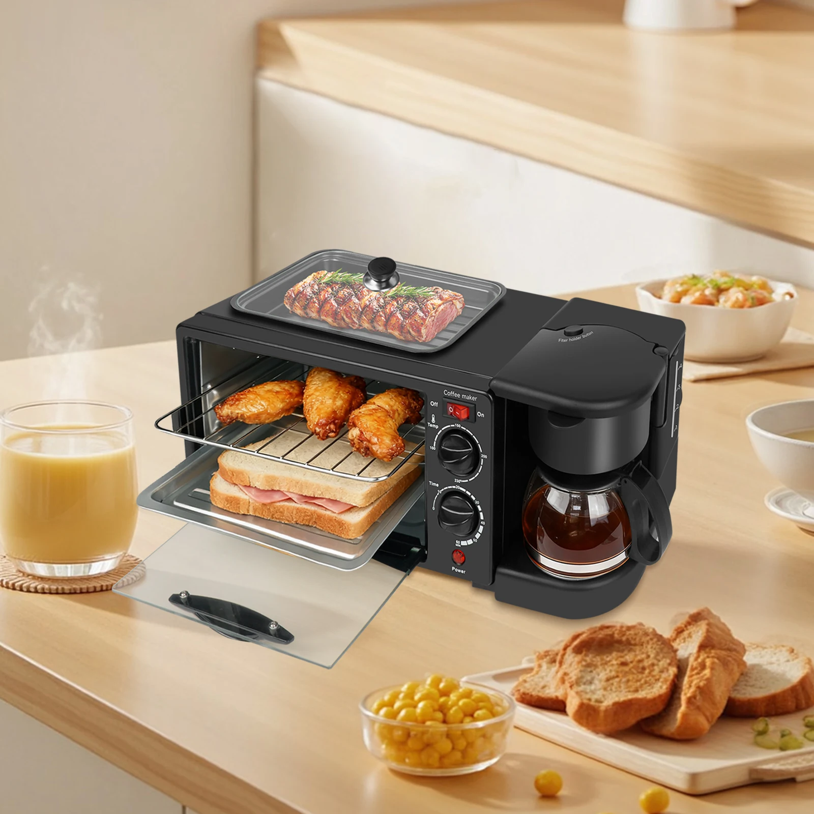Estación de Desayuno 3 en 1 220V con Cafetera, Horno de 9L y Sartén, Máquina Multifuncional para Desayuno con Temporizador y Control de Temperatura