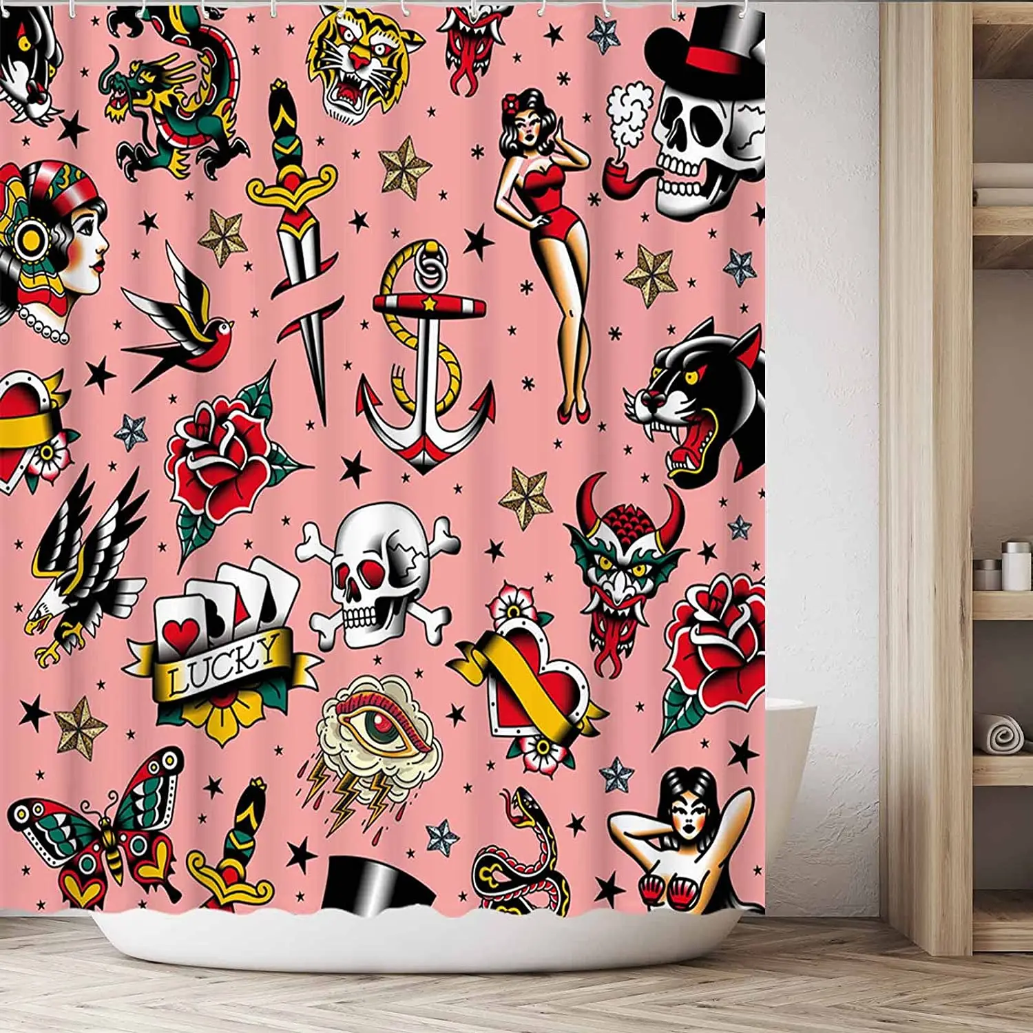 Old School Tattoo Flash Bathroom Decor Vintage Retro Art Modern Decoration Washable Durable Polyester Fabric Shower Curtain