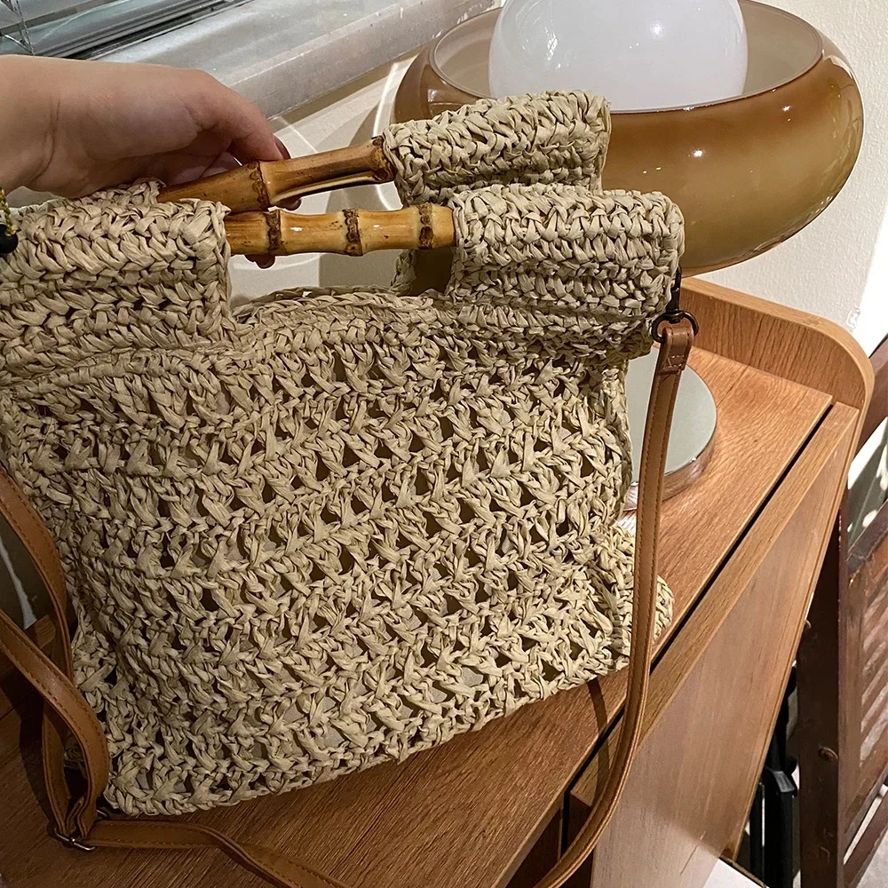 Uchwyt bambusowy torebka słomkowa ręcznie tkane torby plażowe dla kobiet lina papierowa dziewiarskie torebka ratanowa kwadratowe torba na ramię Crossbody nowe — zdjęcie 2