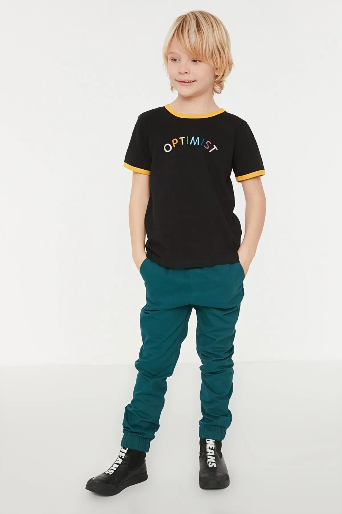 Black Slogan Embroidered Male Child Knitted T-Shirt