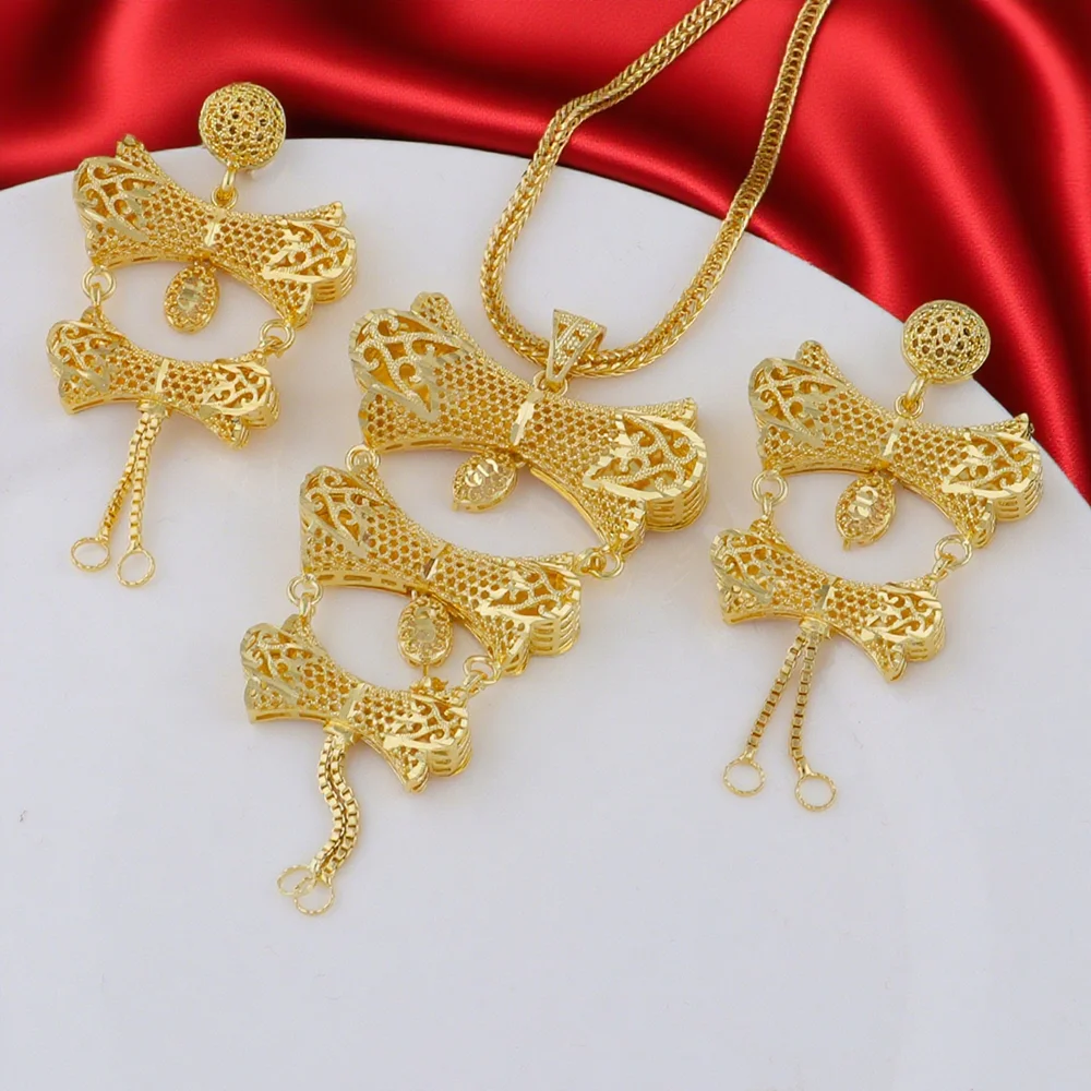 

Dubai Gold Color Jewelry Set For Woman Bridal Nigerian African 24K Gold Color Necklace Earrings Jewellery Set Party Gift
