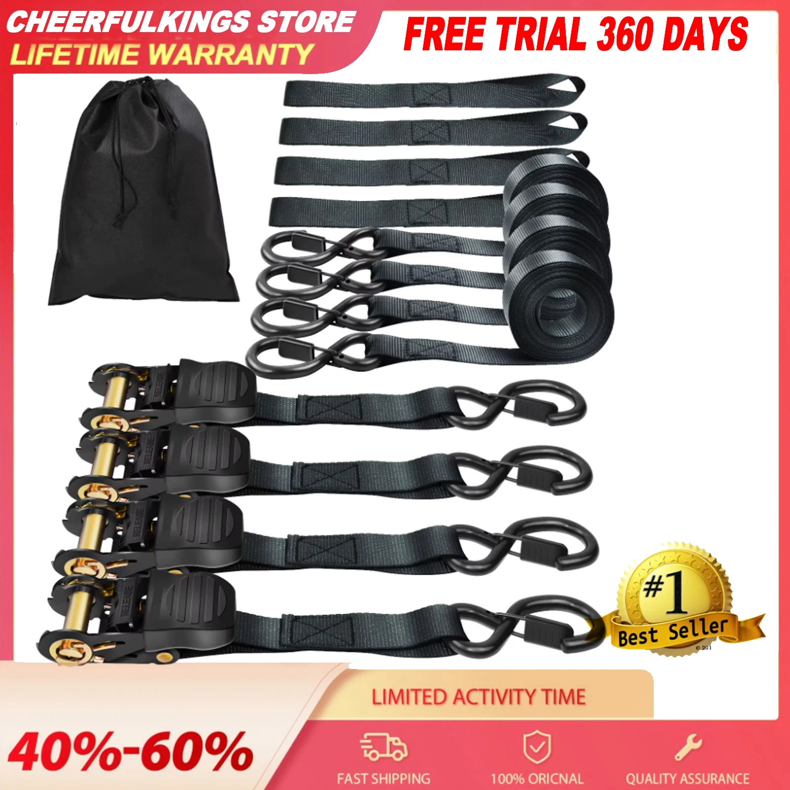 4x Retractable Ratchet Straps & Soft Loops Tie Down Heavy Duty Cargo Car Rack Lashing Straps With S-Hook Safety Latches 800 KG Break Strength for Moto