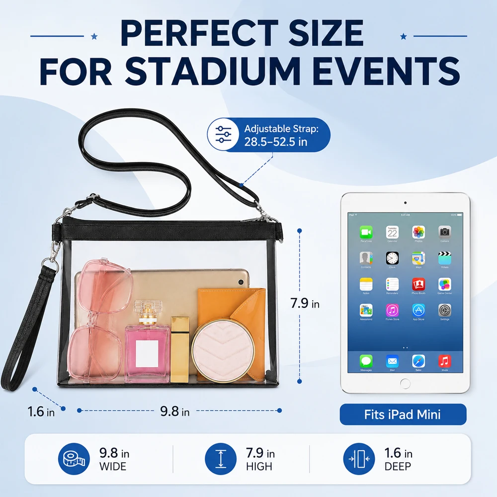Clear Stadium Crossbody Bag 0.4mm PVC Shoulder Purse with Adjustable Strap for Concerts Sports Events Travel