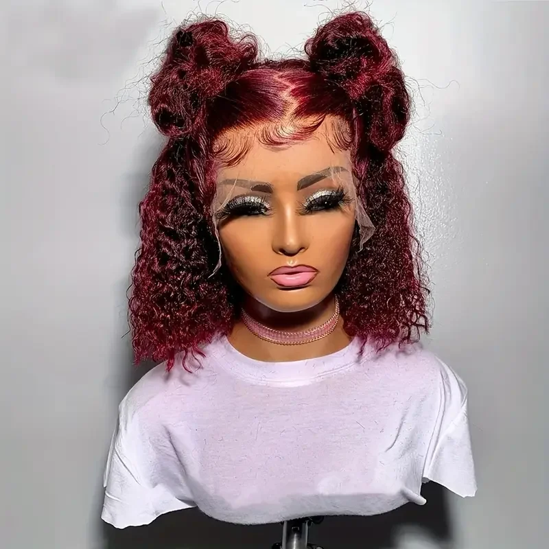 13x4 Bob Wigs Human Hair 250% Density 99j Burgundy Deep Wave Curly Bob Wigs Red Colored Human Hair Wigs For Women Burgundy Deep Curly Short Hair Wigs