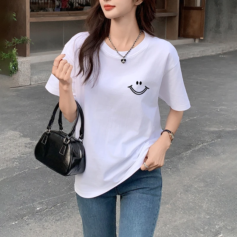 Pretty Smiley Face Shape printing lightweight women's T-shirt big size cotton tee TS2814