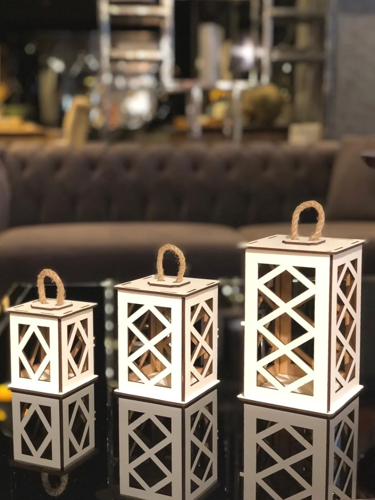 3-Piece Mini White Wooden Lantern Set Candle Holder