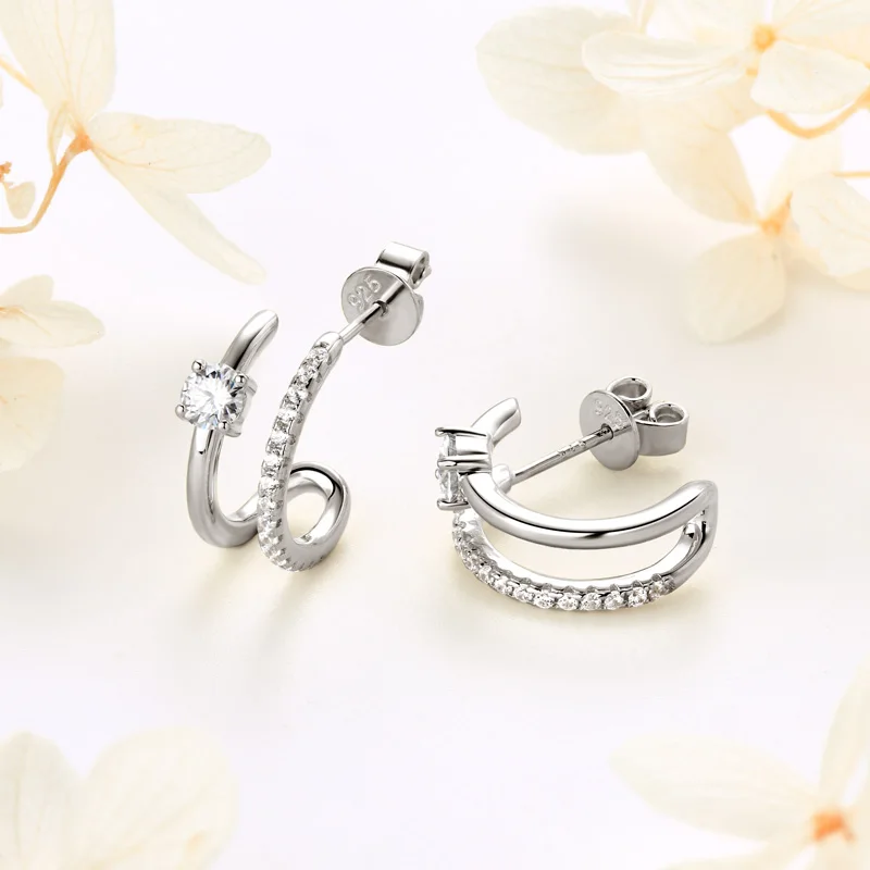 Anziw NEW 4mm Moissanite Piercing Stud Ear Cuffs 925 Sterling Silver Double Side Hoop Earrings for Women Illusion Jewelry Gifts