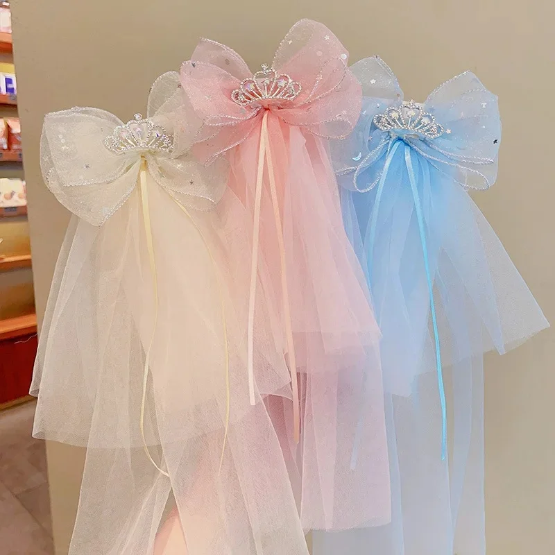 Voile pour enfants, couronne, nœud, épingle à cheveux, petite princesse, tridimensionnel, diamant brillant, Clip supérieur, couvre-chef pour Photo d'anniversaire