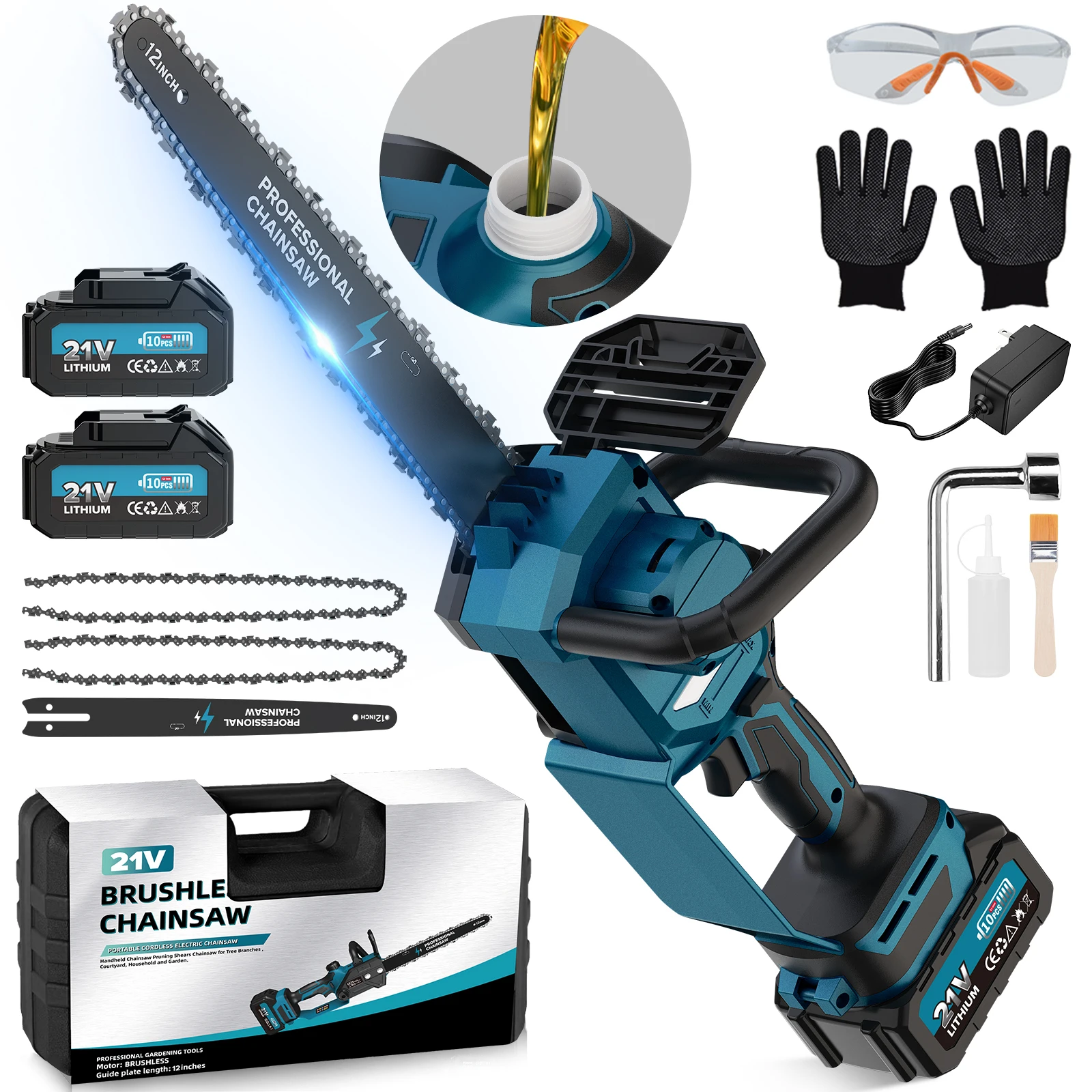 12 Pouces Tronconneuse a Batterie, Mini Tronçonneuse Électrique Sans Fil Brushless à Batterie 12000mAh, avec Injecteur de Lubrifiant de la Chaîne pour la Coupe du bois, l'élagage le Jardin(1800W)