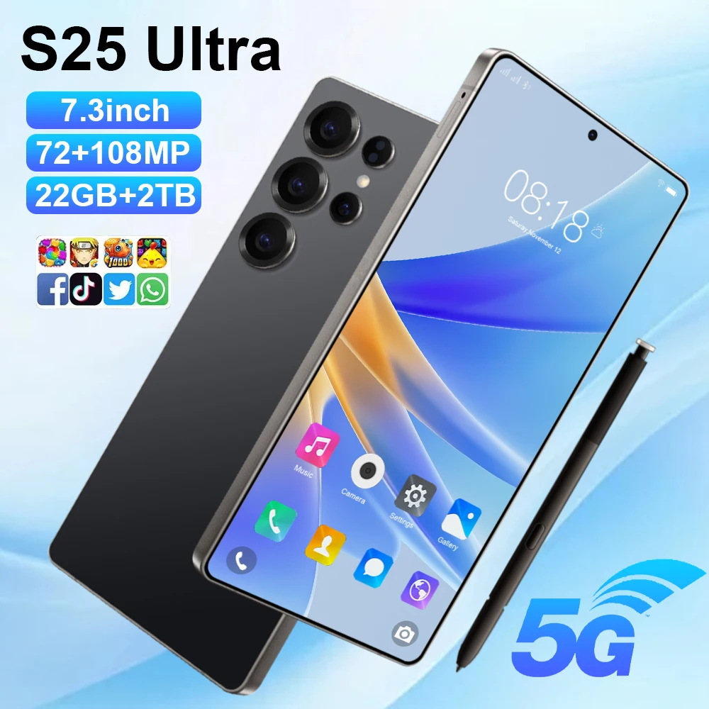2025 جديد S25 Ultra Original ذكي 5G بطاقة مزدوجة الاستعداد المزدوج نظام أندرويد 14 الإصدار العالمي بطارية 8000 مللي أمبير في الساعة