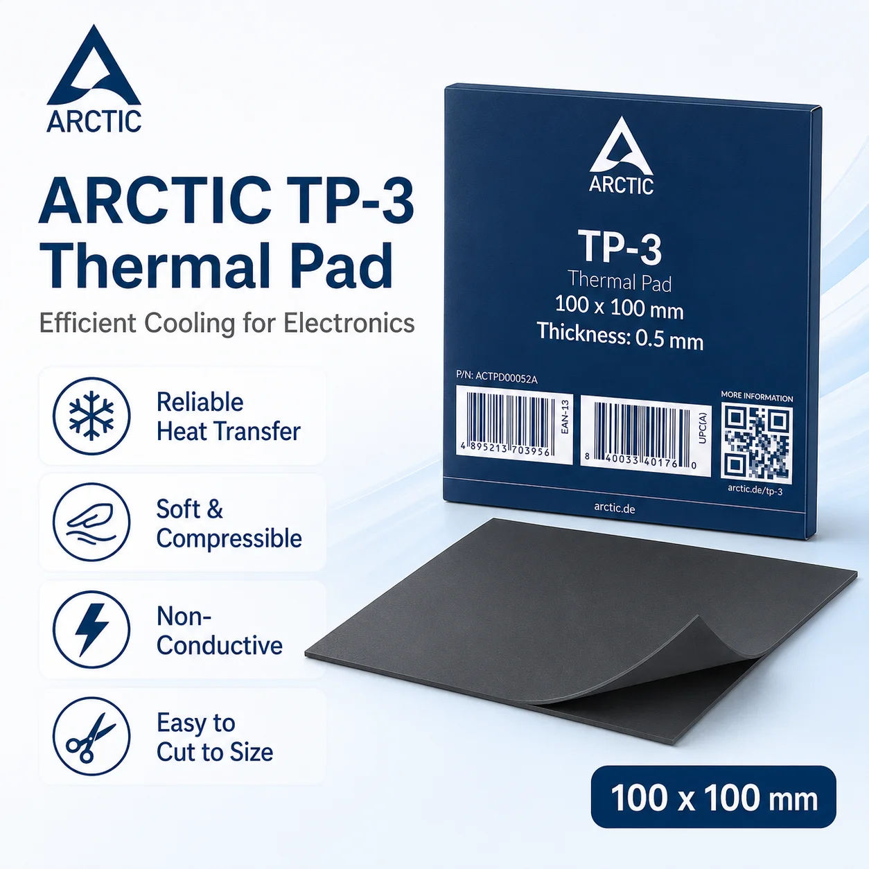 ARCTIC TP-3 100x100mm Thermal Pad 0.5/1.0/1.5mm Soft Non-Conductive Gap Filler for GPU VRAM M.2 SSD Laptop PC Cooling
