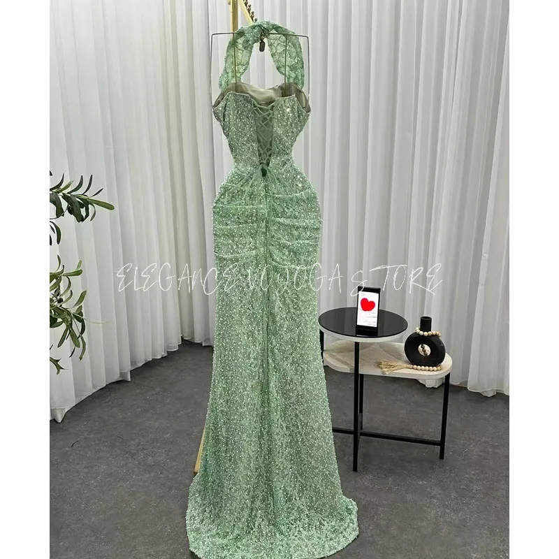 تصميم الأزياء النعناع الأخضر الساحرة الرسن مساء اللباس الفاخرة مثير اللؤلؤ الديكور مع زائدة فستان حورية البحر مذهل