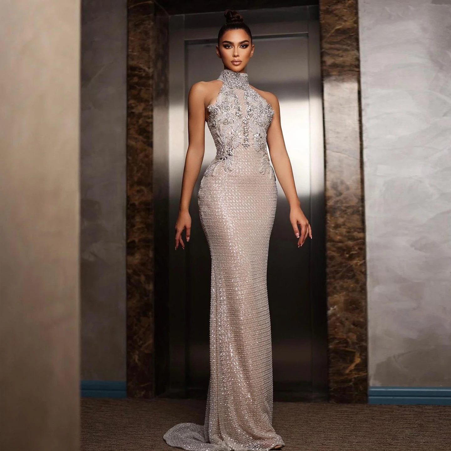 

Sharon Said Luxury Halter Silver Nude Beaded Evening Dress Backless Arabic for Wedding Formal Party Gowns SS408 Customized