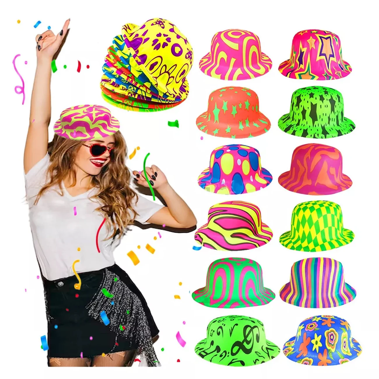 Sombreros Bombin Neon Fiesta Fluorescente Luz Negra Disco Plastico PVC Divertido Batucada Eventos Foto Party Neon Suministro Fiestas