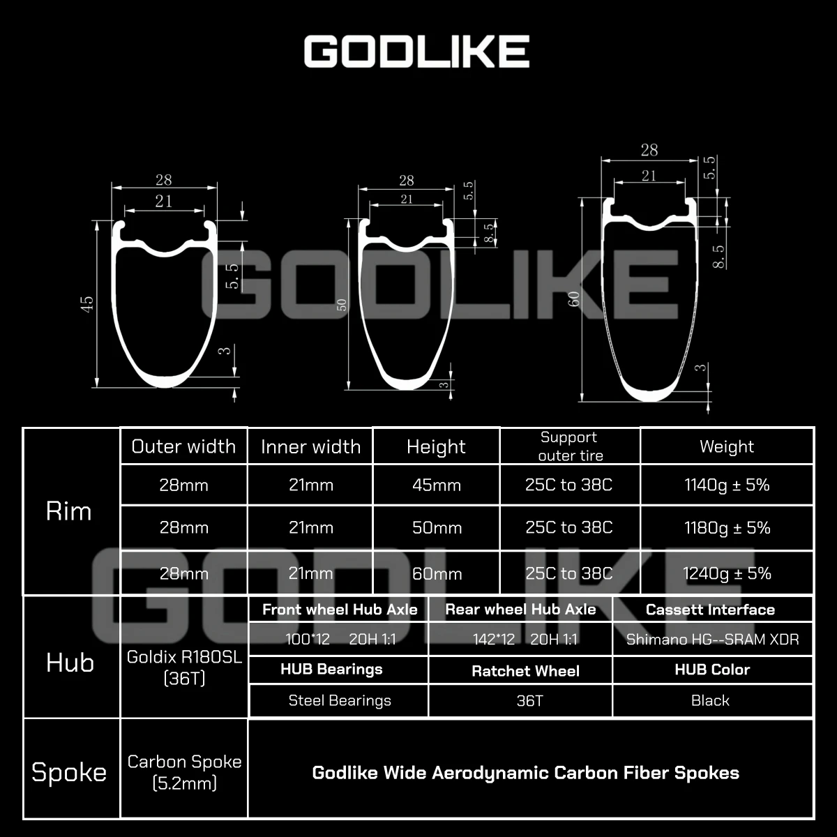 GODLIKE Light Goldix R180SL 700C Carbon Spoke Road Wheels 36T Ratchet Wheelset Disc Brake Clincher Tubeless Compatible Wheelset