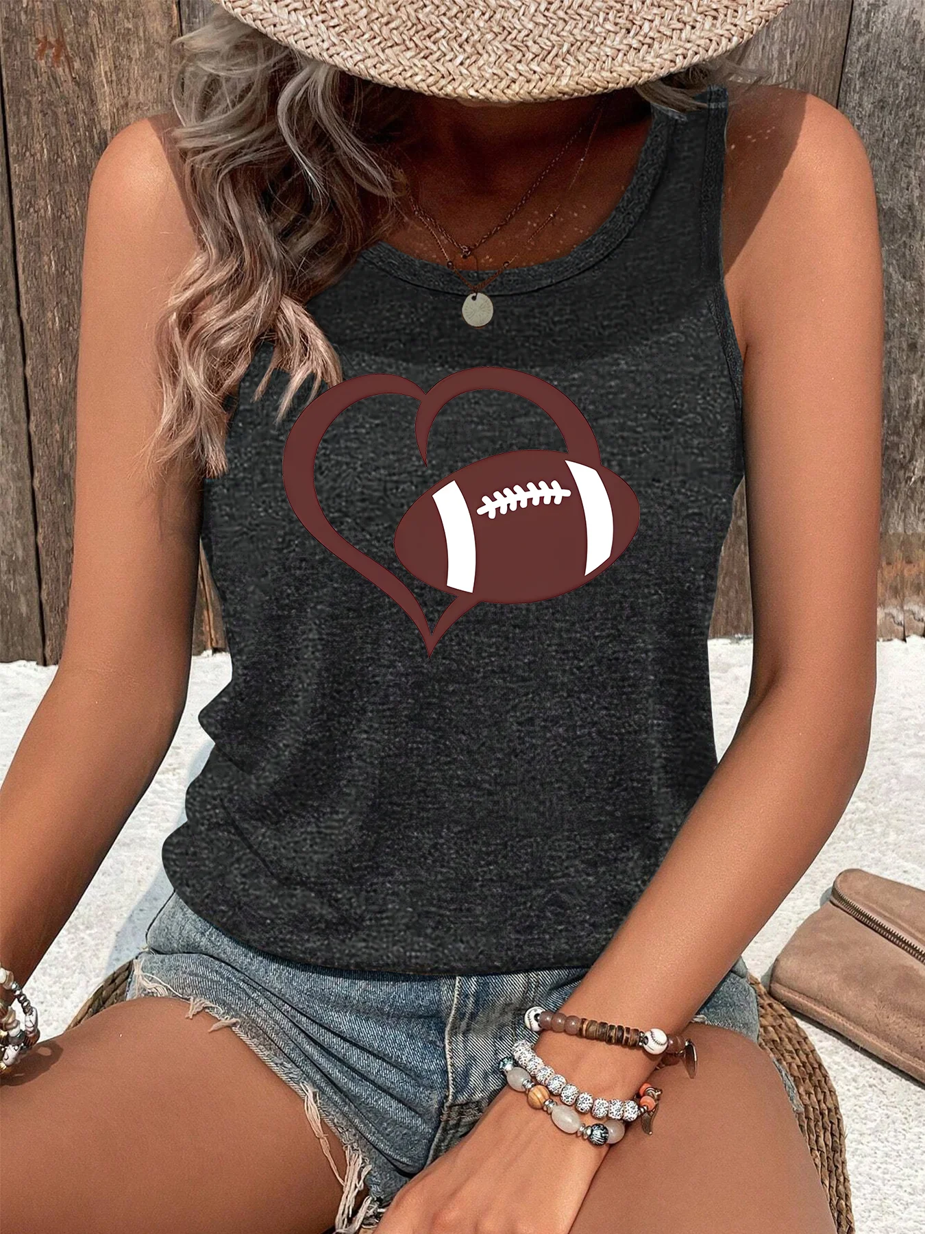 Fun Vintage Heart Football Shape For Vest Lovers Fashion Funny Sports Women's Tank Top Loose O Neck Sleeveless Casual Tank