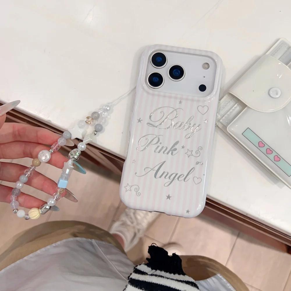 Korean INS Pink Stripe Printed Phone Case for iPhone 17 Pro 15 16 17 Pro Max 15 Pro Shockproof Girls Protective Case with Charm