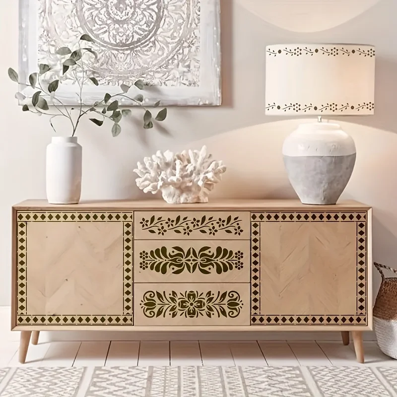 13개입 11.8인치 테두리 무늬 페인팅 스텐실 세트 재사용 가능한 플라스틱 템플릿 DIY 공예 벽 나무 천 장식용