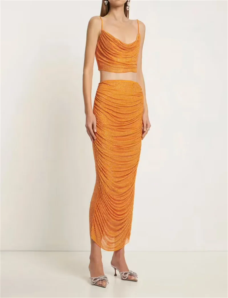 High Street Summer New Arrival Orange Sexy Spaghetti Straps Short Top +High Waist Pencil Skirt 2 Piece Set Vintage