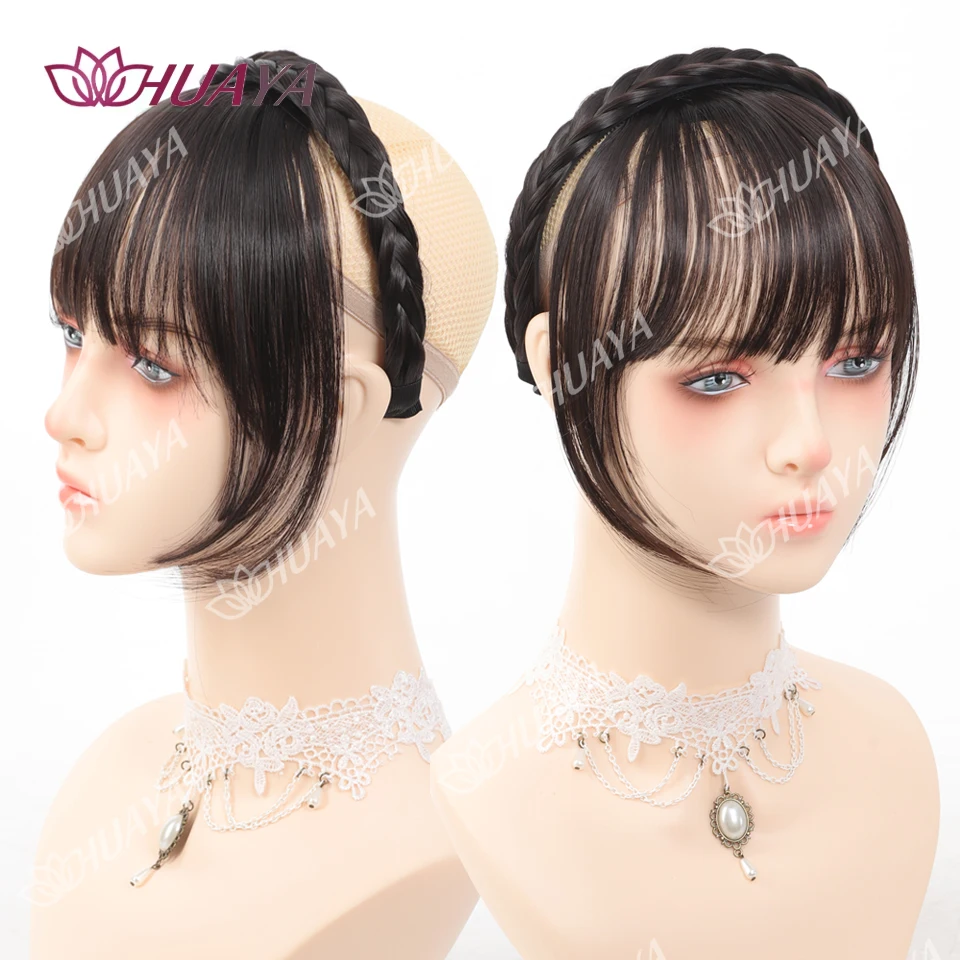 Synthetic Headband Bangs Extension Fake Hair Blunt Fringe  Long Sides For Women Natural Flase Black Brown Braided Headband Bang