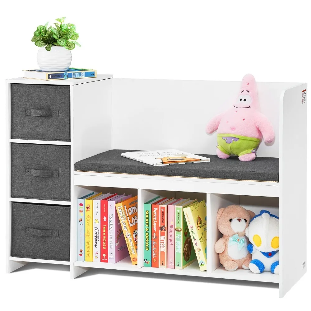 Kids Reading Nook Bench 6-Cubby Storage Bookshelf with Seat Cushion