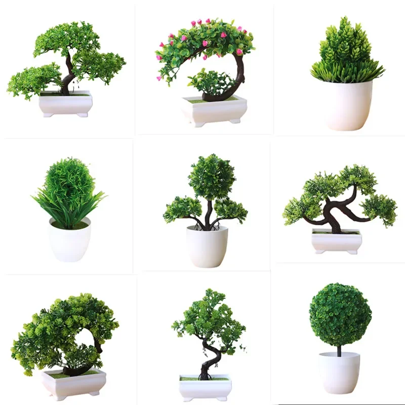 Pequena árvore de bonsai artificial, flores falsificadas, ornamentos de mesa em vasos, decoração do
