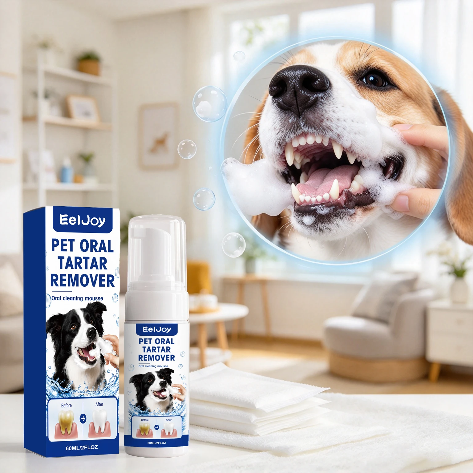 60ML Pet Oral Mousse Cleaner No-rinse Gentle Cleaning Teeth Stains Prevent Tartar & Plaque Promote Pet Oral Health Pet Oral Tartar Cleaner