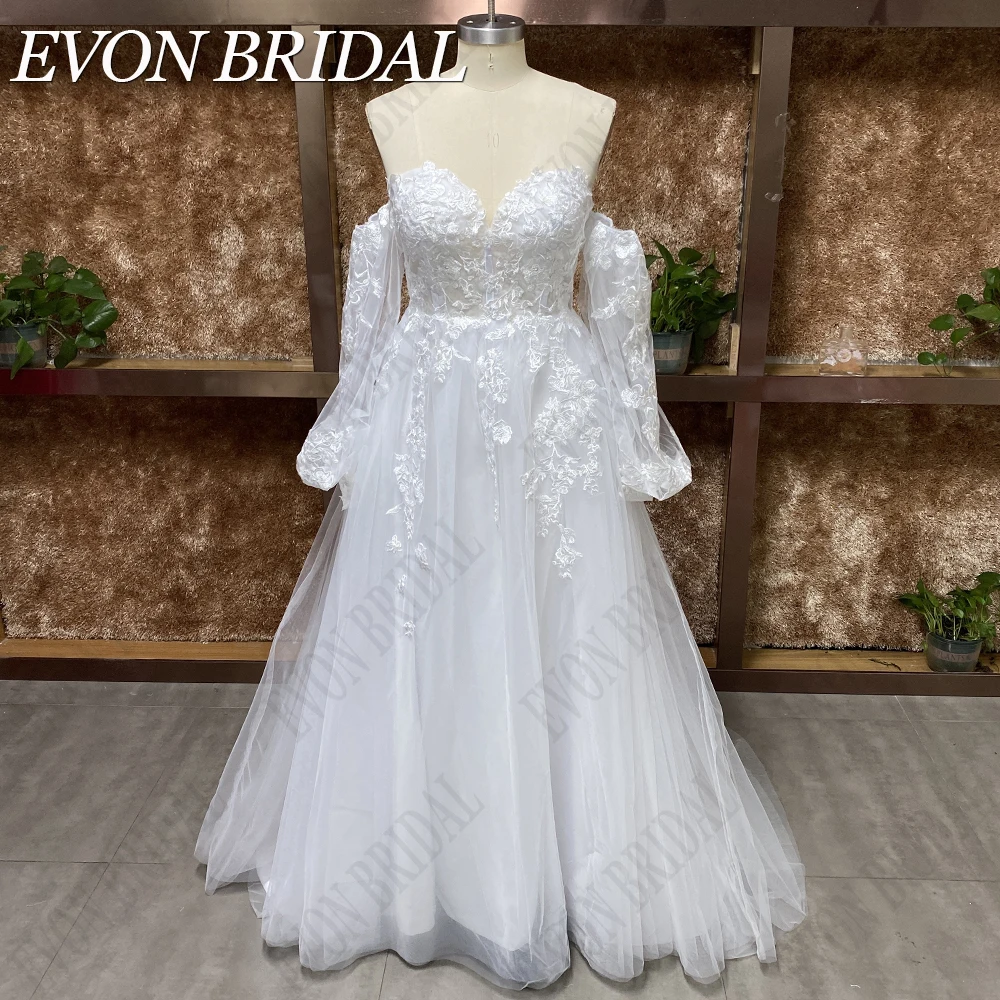 EVON BRIDAL Real Picture Princesa Vestidos De Casamento Para As Mulheres Lace Strapless Vestido De Noiva Destacável Mangas vestido de noiva boda Real Imagem Princesa Vestidos de Casamento Para As Mulheres Lace Straples