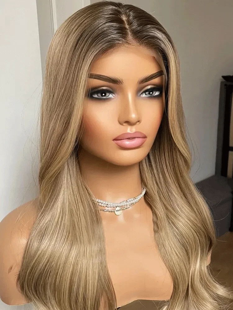 Rooted Ash Blonde Lace Frontal Wig/Heat Resistant Synthetic Hair Wig 20 Inches Ash Blonde Wig Beginner Friendly Wigs For Women