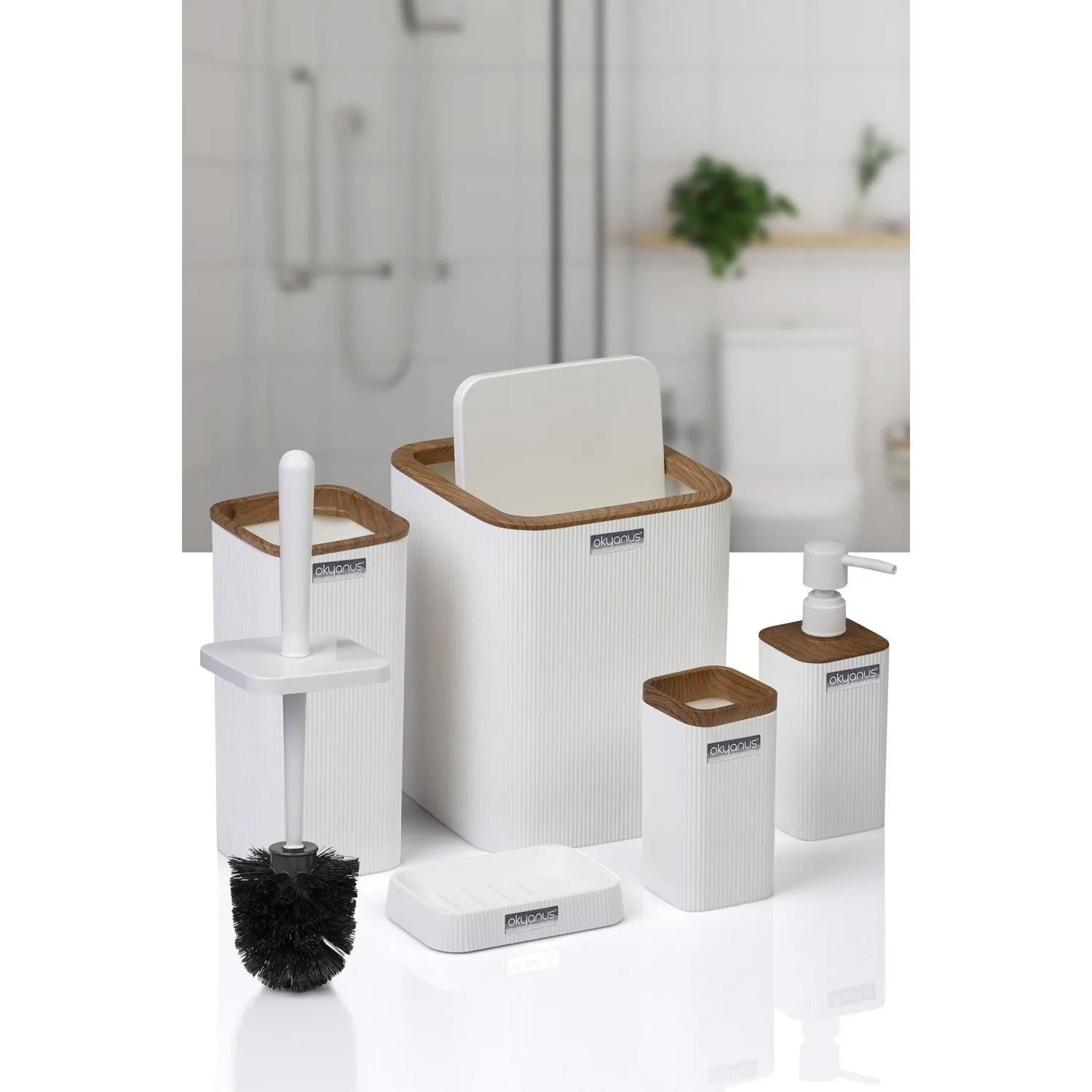 5 PCS Bathroom Organizer Set Striped Square Accessories Toothbrush Holder Toilet Brush Soap Liquid Storage Dispenser Trash Can