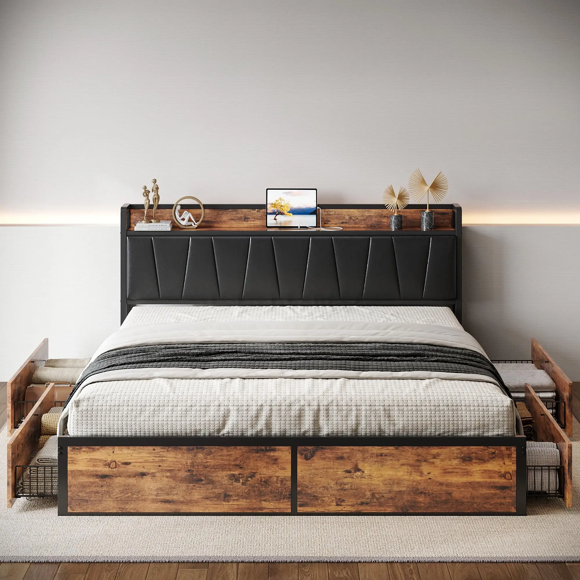 LIKIMIO King/CaliforniaKing Bed Frame with Storage Drawers, Platform Bed with Charged Headboard, No Box Spring Needed